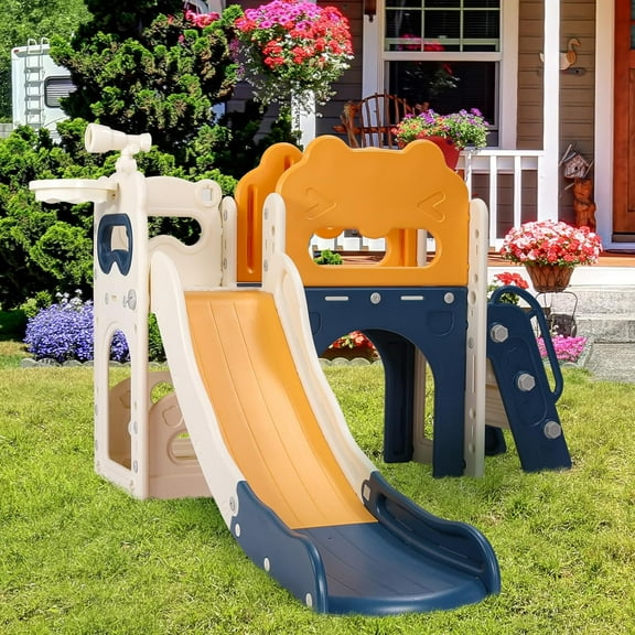 LAZY BUDDY 8 in 1 Slide for Toddlers, Kids Climber Slide Playset for Indoor Outdoor with Basketball Hoop, Storage and Telescope