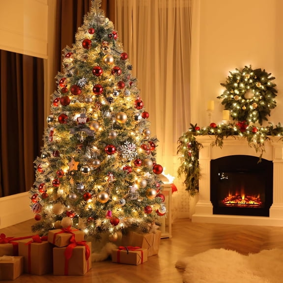 LAZY BUDDY 8FT Artificial Christmas Tree with 1000 Tips and 400 Warm White Lights, Prelighted Snow Flocked Pine Tree, Metal Stand for Office Home Store Party Holiday Decor