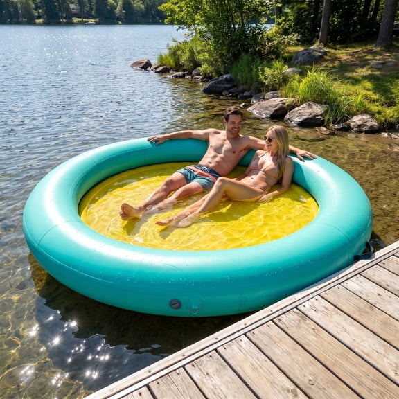 LAZY BUDDY 8FT Inflatable Floating Dock, Round Water Hammock Pool Float, 700 lb Capacity Portable Pool Lounger for Sunbathing Tanning, with Hand Pump, Rope, Carry Bag & Repair Kit