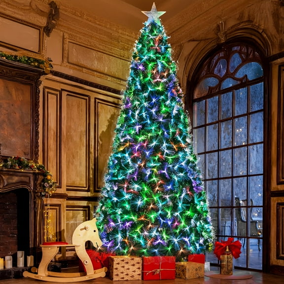 LAZY BUDDY 8ft Fiber Optic Christmas Tree with 320 Multicolored LED Lights, Pre-Lit Artificial Christmas Tree with Top Star & Foldable Metal Base