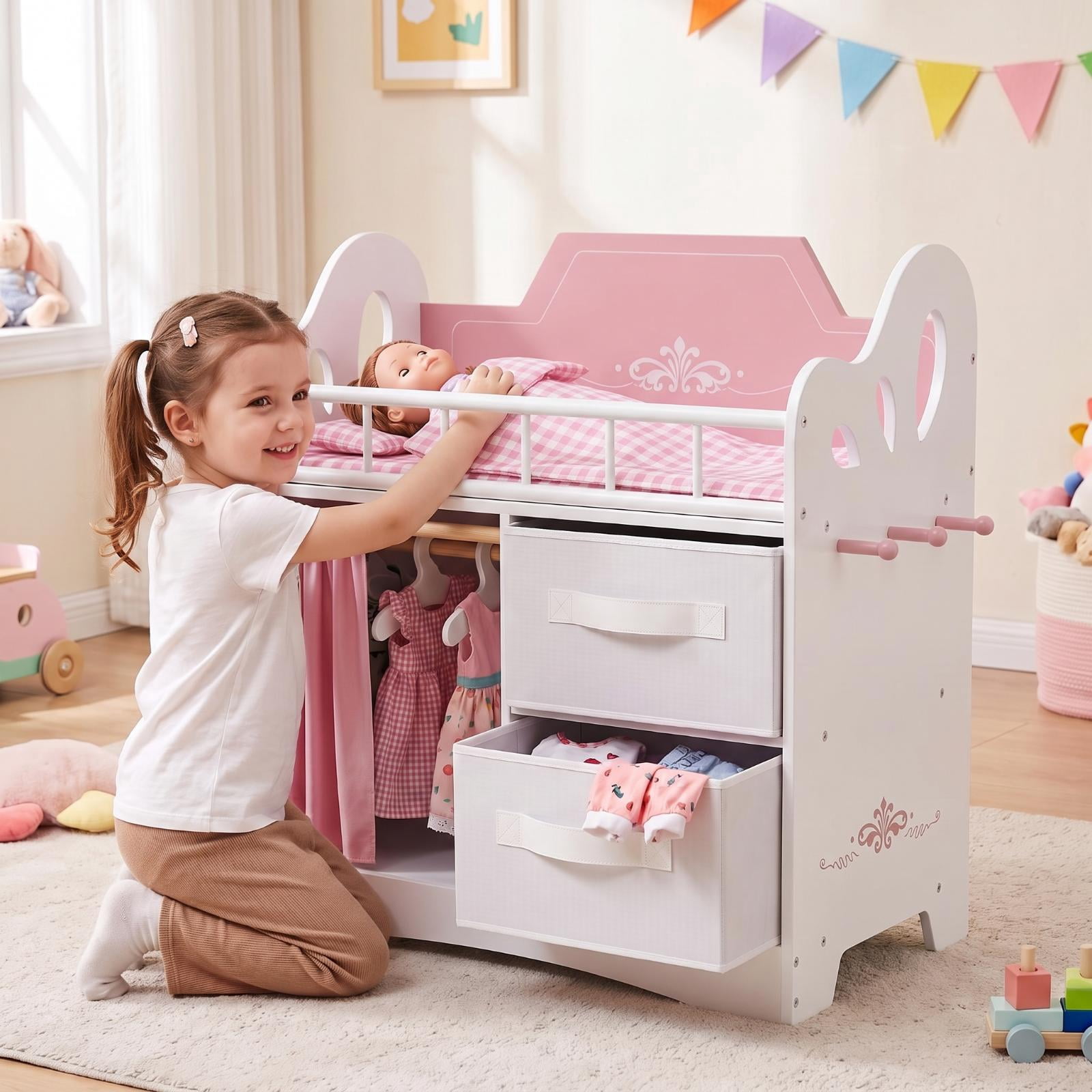 LAZY BUDDY Baby Doll Crib, 20*11.4'' Wooden Doll Bed with Storage