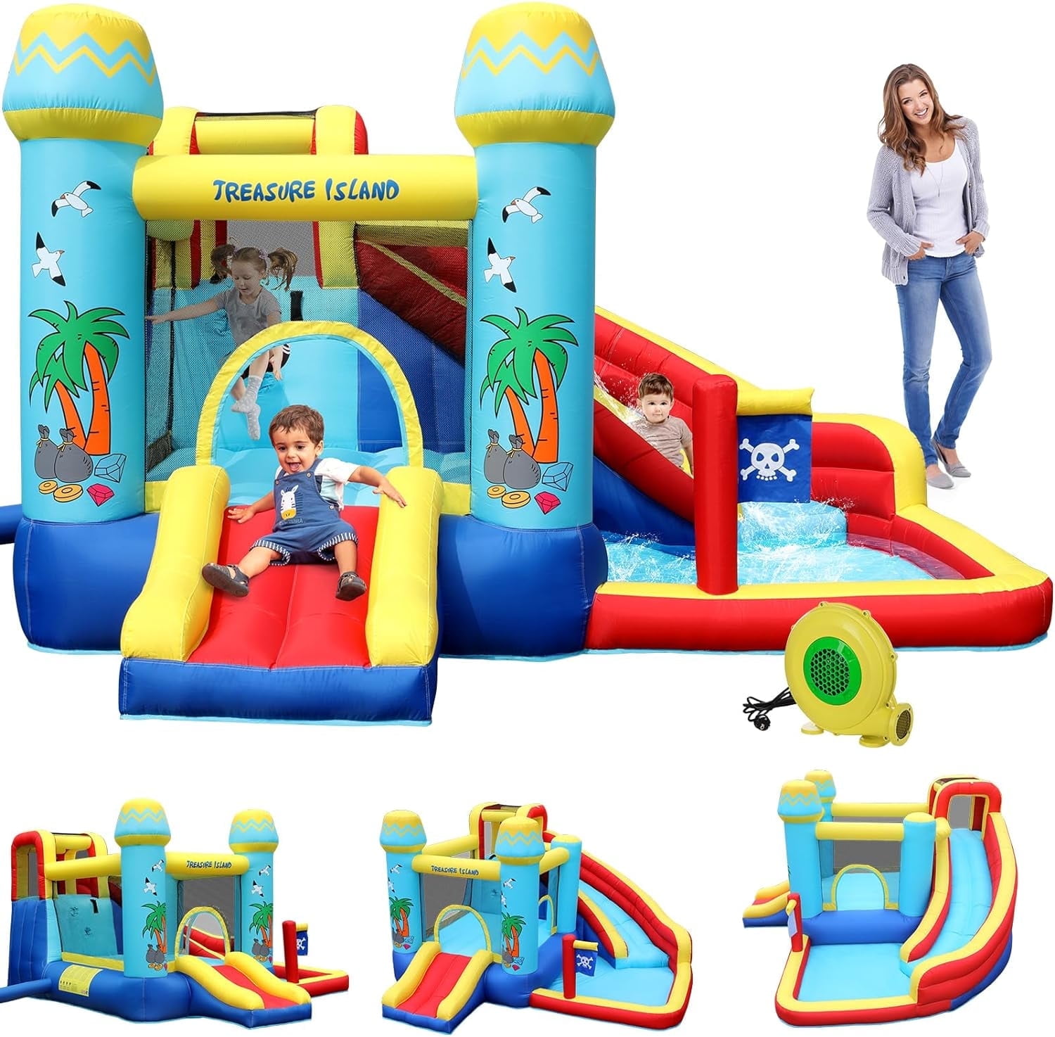 LAZY BUDDY Inflatable Water Slide Bounce House for Kids 3+,  Outdoor Water Park Bounce Castle with 450W Blower, Splash Pool & Climbing Wall, Jumping Area