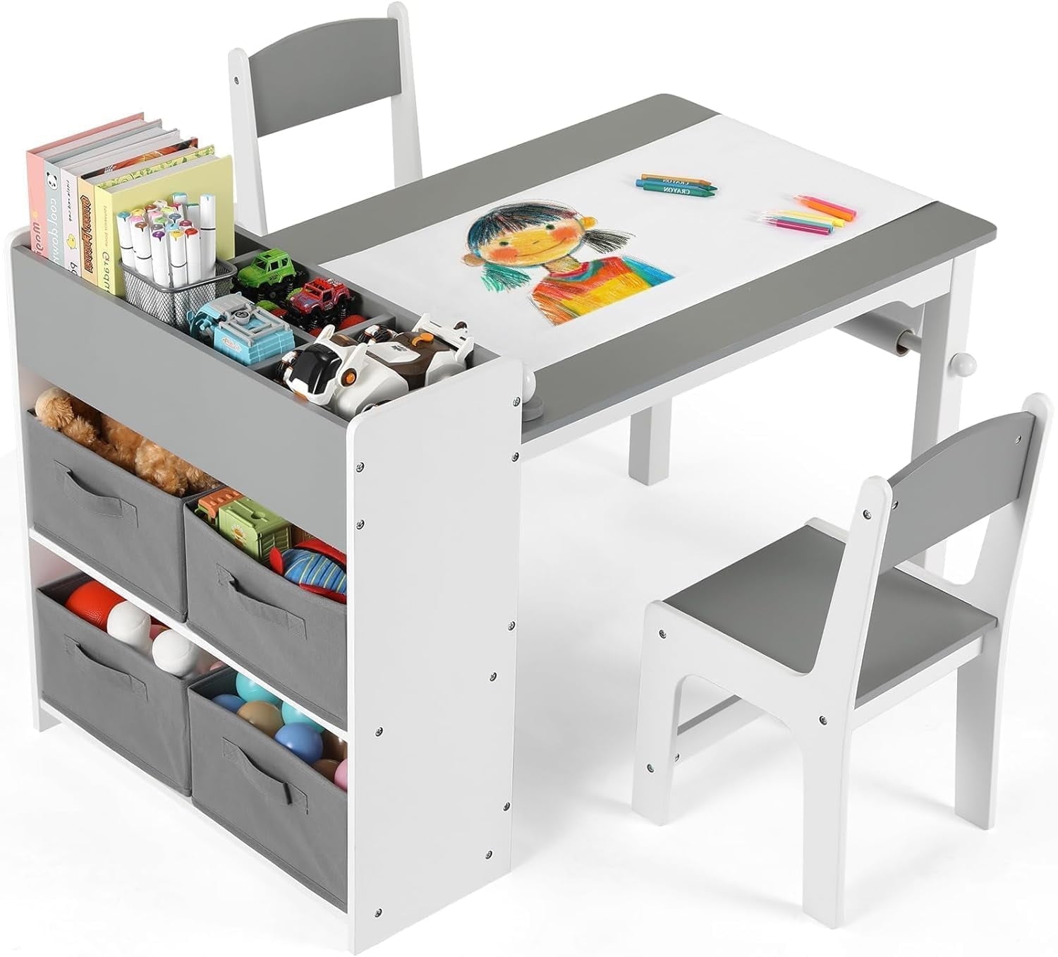 LAZY BUDDY Kids Art Table & Chairs Set, Wooden Toddler Activity Table Set with Storage Bins, Storage Shelves and Paper Roll for Playroom, Daycare