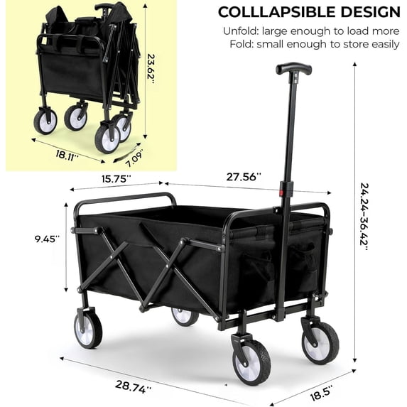 LAZY BUDDY Collapsible Wagon Cart, Folding Outdoor Utilty Wagon with 150lbs Capacity for Beach Camping Shopping