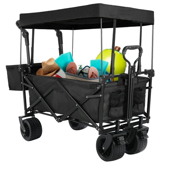 LAZY BUDDY Collapsible Utility Wagon with Removable Canopy, 170lbs Heavy Duty Beach Wagon with Big Wheels, Outdoor Folding Wagon Cart with Pull & Push Handles for Camping, Shopping, Fishing