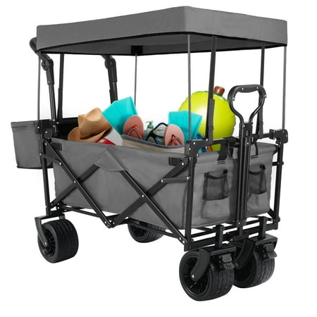 LAZY BUDDY Collapsible Wagon Cart with Removable Canopy, Foldable Outdoor Utility Carts with All Terrain Wheels & Storage Basket for Beach Garden Camping Grocery Shopping