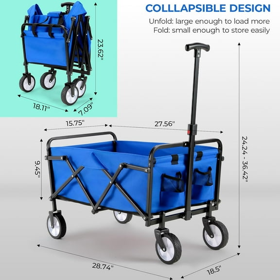 LAZY BUDDY Collapsible Wagon Cart, Portable Utility Garden Beach Wagon with 360° Wheels & Flexible Handle, Heavy Duty Folding Grocery Stroller