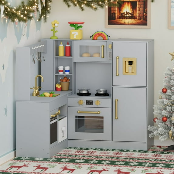 LAZY BUDDY Corner Wooden Play Kitchen for Kids, Toddler Kitchen Playset Pretend Play Toy with 6 Cookware Accessories, Lights & Sounds