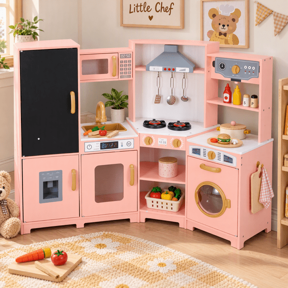 LAZY BUDDY Corner Play Kitchen for Kids with Realistic Lights & Sounds, Toddler Kitchen Playset Wooden Pretend Cooking Toy with Accessories