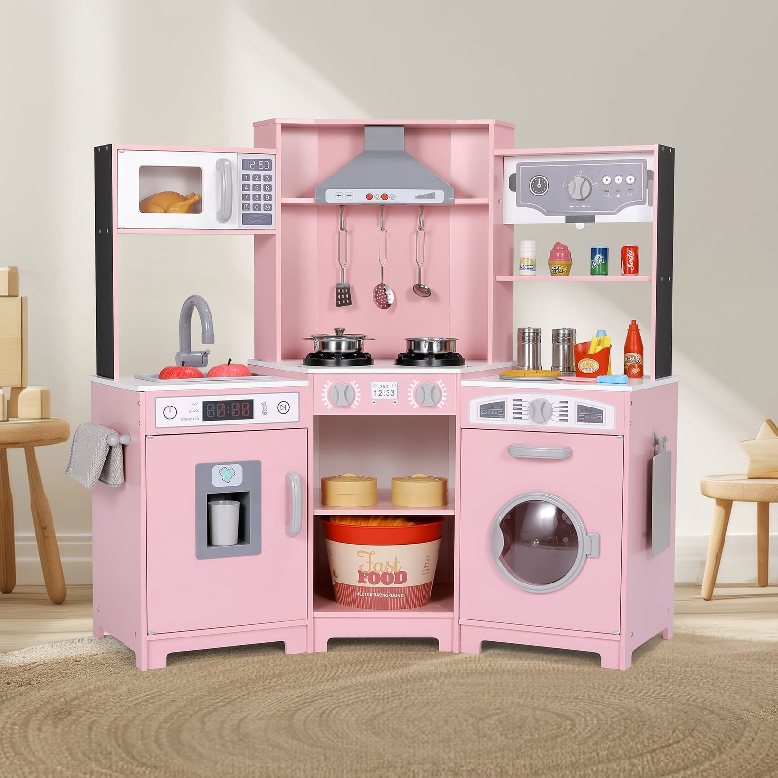 LAZY BUDDY Wooden Corner Play Kitchen Set, Kids Cooking Playset Toddler Pretend Interactive Toy with Realistic Sound & Light