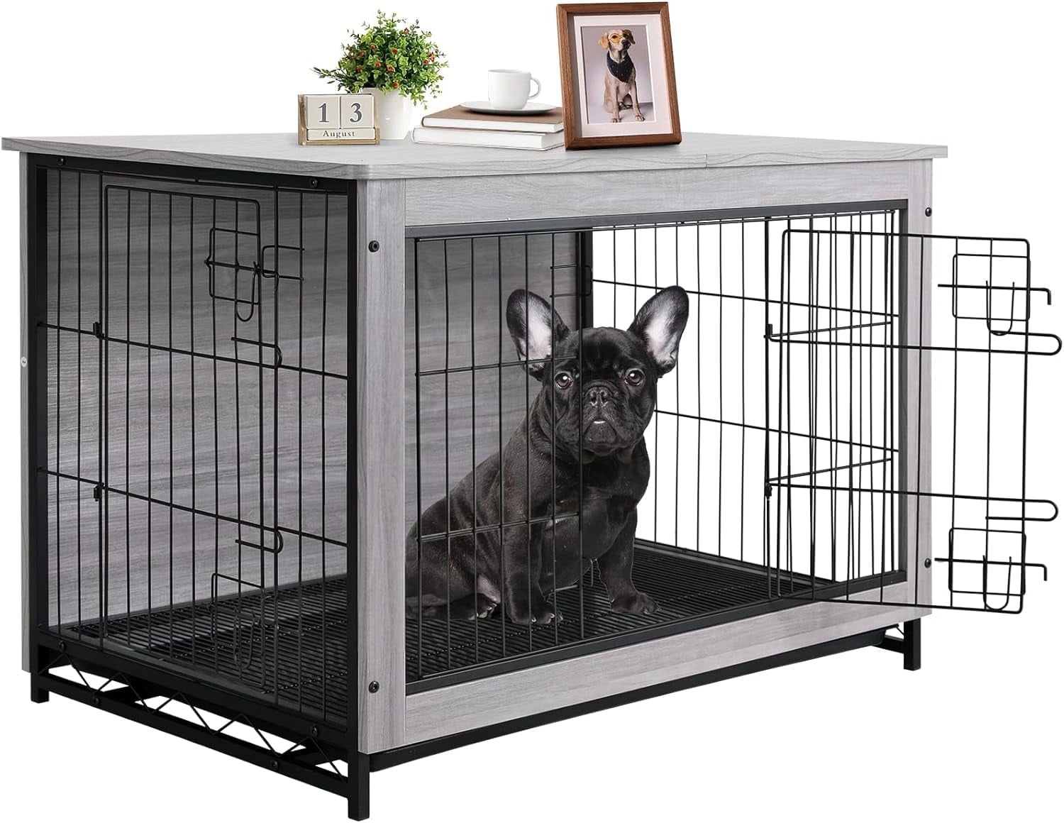 LAZY BUDDY Dog Crate Furniture Modern Dog Kennel 29.1 Dog Cage with Double Doors and Pull Out Tray for Small Dogs Under 30 lb Grey