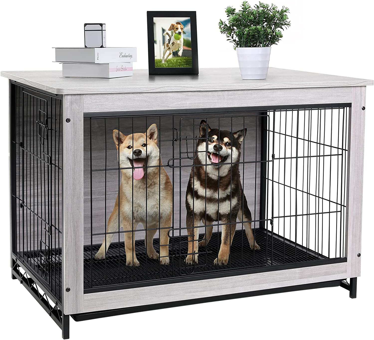 COZ 37" Dog Crate Furniture with Tray Metal and Wooden Dog Kennel End