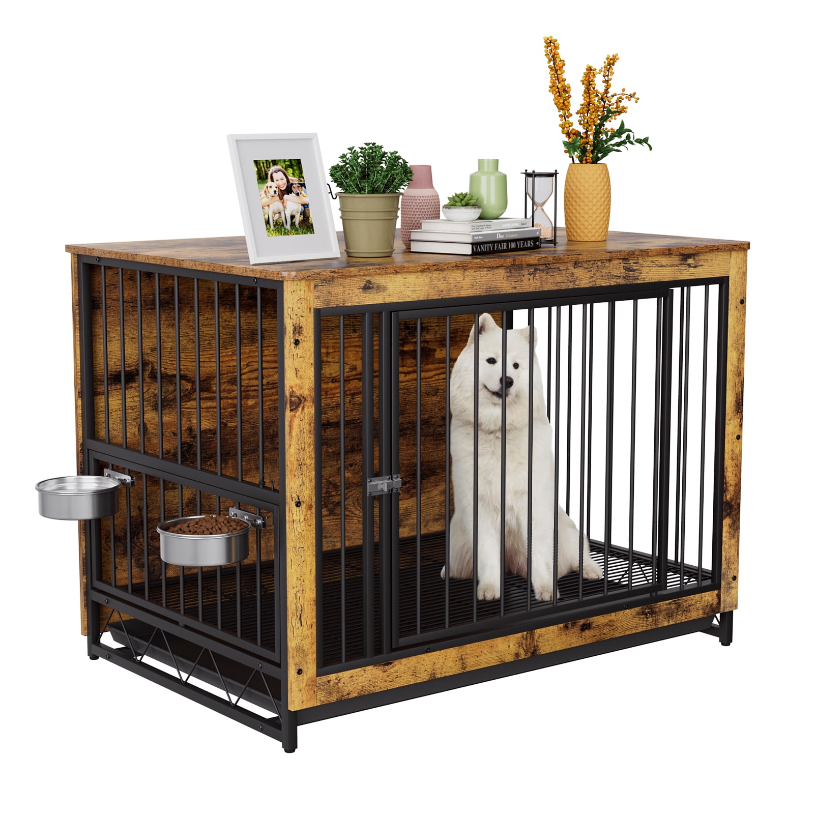 LAZY BUDDY Dog Crate Furniture with Bowls 39.4 Wooden Dog Crate End Table with Tray Dog Kennels for Small Medium Dogs Walmart