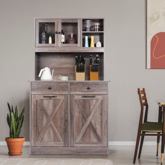 LAZY BUDDY Double Tilt Out Trash Cabinet 2 x 10 gal Solid Wood Hideaway Trash Holder Wooden Free Standing Recycling Cabinets Bin for Kitchen, Gray