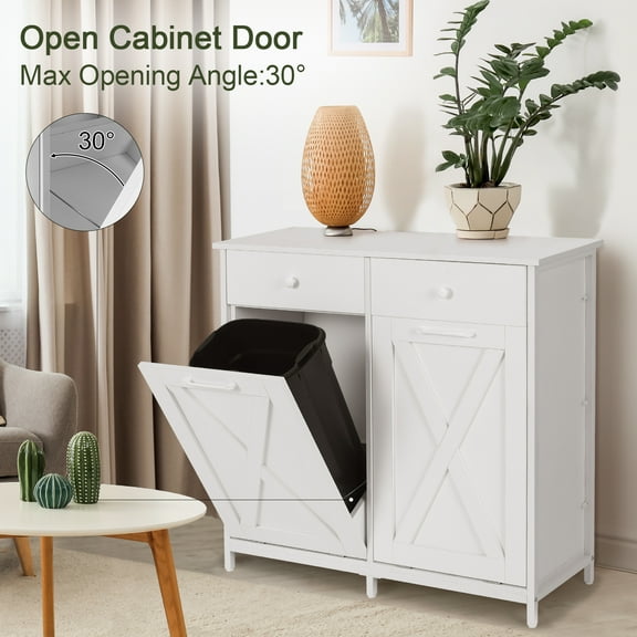 LAZY BUDDY Double Tilt-out Trash Cabinet Free Standing Kitchen Garbage Bin Recycling Cabinet Wooden Hideaway Trash Cans Holder (2x 10 Gallon)- White