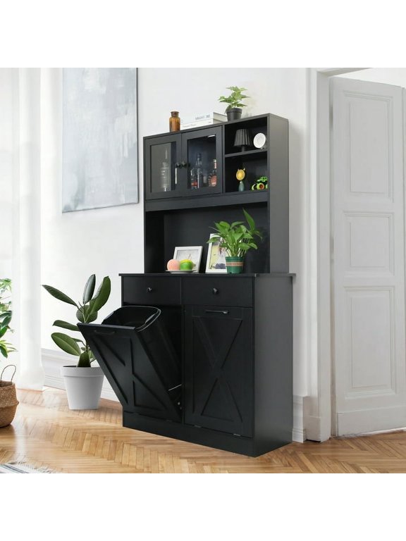 Dual Tilt Out Trash Cabinet, 2 in 1Kitchen Pantry Storage Cabinet, Hidden Garbage Holder 2 x 10 gal, Black