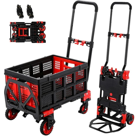 LAZY BUDDY 2 in 1 Folding Hand Truck Dolly Cart with Basket, 330lbs Heavy Duty Platform Cart Dolly with Retractable Handle, 2 Elastic Ropes, 4 Wheels