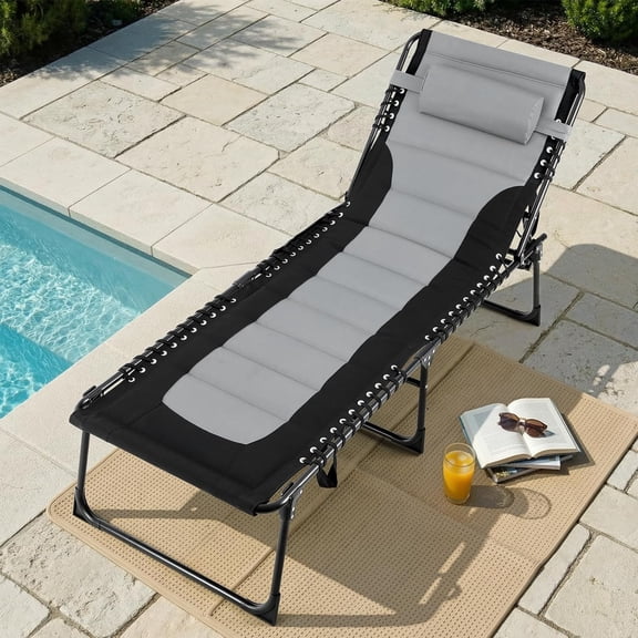 LAZY BUDDY Folding Padded Lounge Chair, Portable Outdoor Chaise Lounger Adjustable Reclining Chair with Pillow & Side Pocket, for Beach, Poolside, Patio