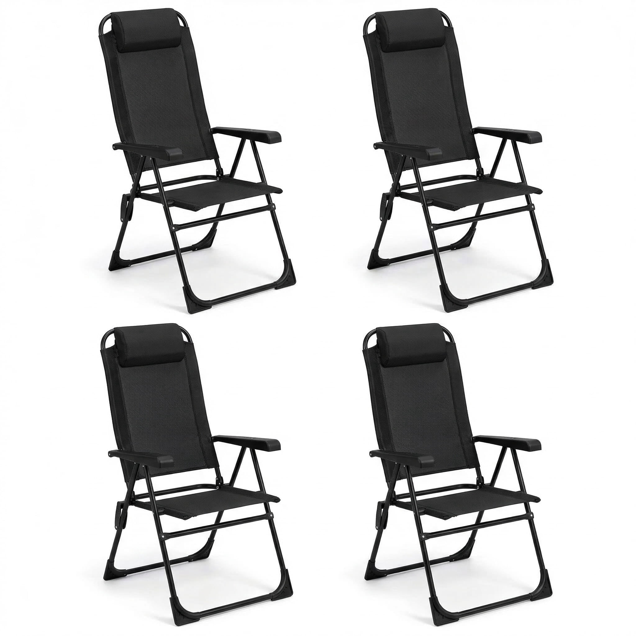 LAZY BUDDY Folding Patio Dining Chairs Set of 4, Portable Outdoor Chairs with 5-Level Adjustable Backrest & Detachable Headrest, Outdoor Sling Chairs for Lawn, Poolside, Yard, Camping
