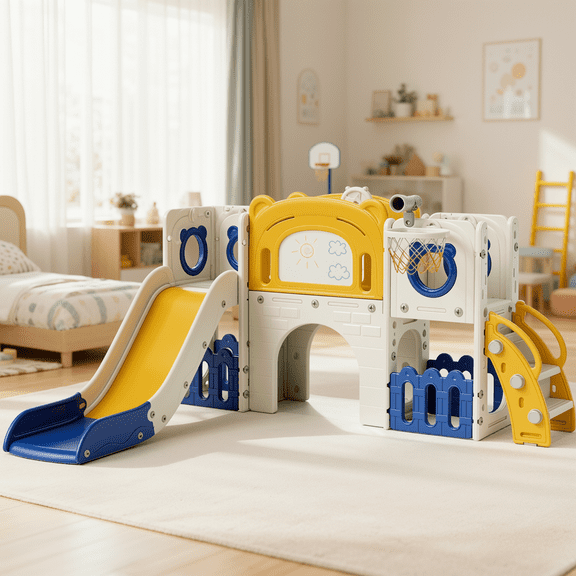 LAZY BUDDY Freestanding Toddler Slide, Kids Climber Slide Playset with Drawing Board, Basketball Hoop, Outdoor Indoor Playground for Toddlers 2+