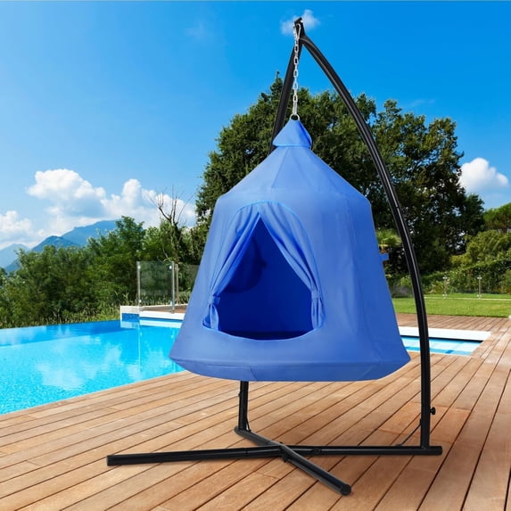 LAZY BUDDY Hanging Tree Tent with Metal Stand, X-Stand with Swing Hammock, LED Lights, Max 330lb