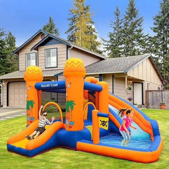 LAZY BUDDY Inflatable Bounce House with Blower, Water Slide Bounce House with Splash Pool & Jumping Area for Kids 3-8 Years, Outdoor Yard