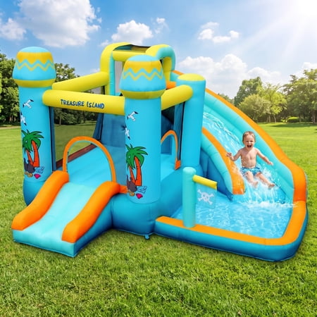 LAZY BUDDY Inflatable Bounce House with Water Slide, Portable Kids Bouncy Castle Water Park with Splash Pool, Jumping Area, Climbing Wall & Air Blower for Indoor Outdoor