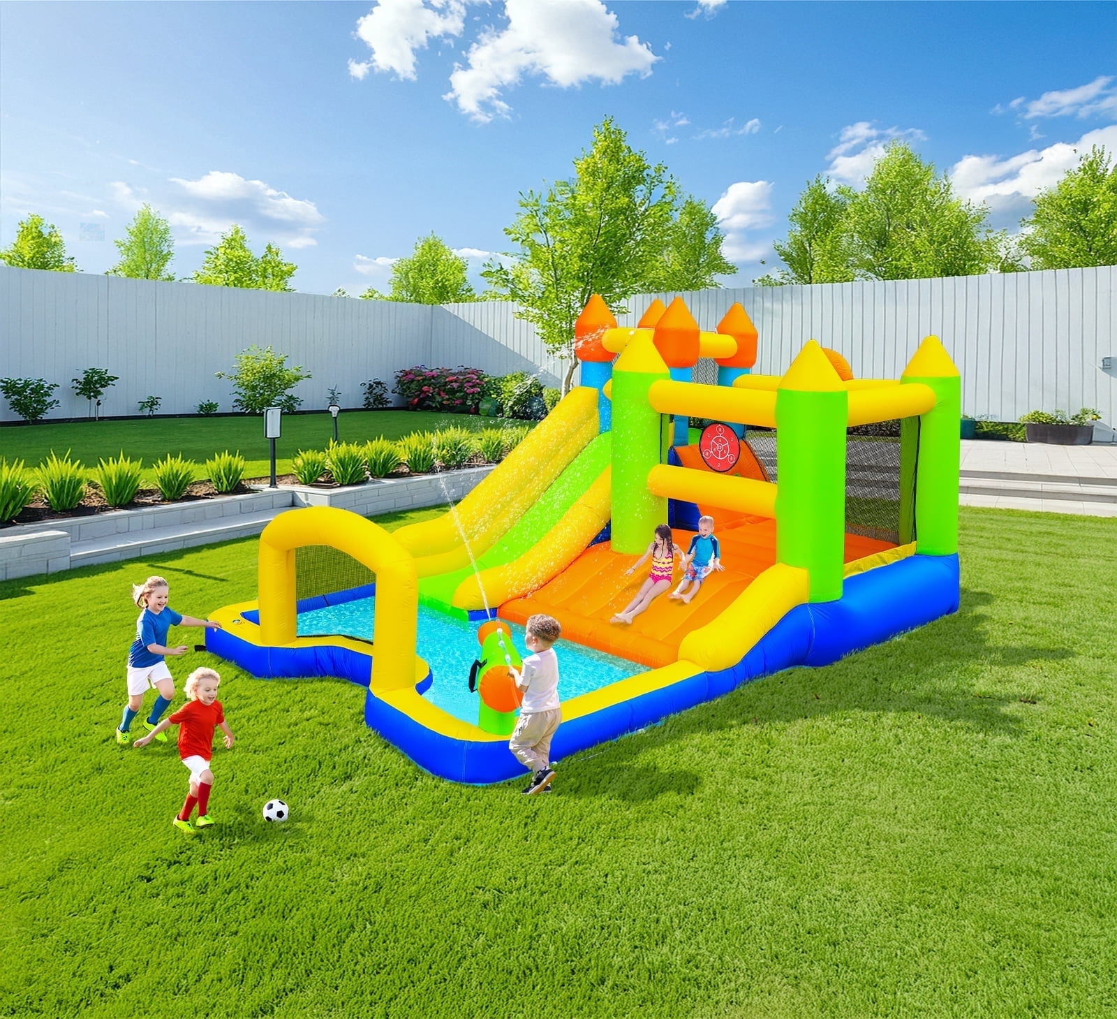 LAZY BUDDY Inflatable Water Slide Kids Bounce House with Splash Pool, Water Cannon, Climbing Wall, Blower & Basketball for Children Indoor / Outdoor Play