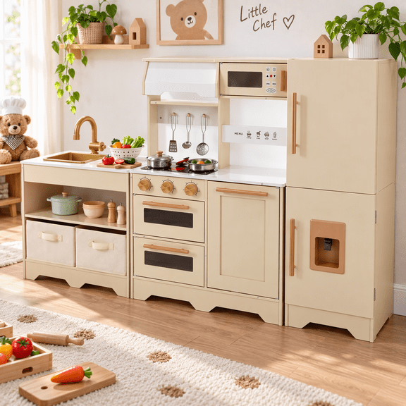 LAZY BUDDY Interactive Wooden Play Kitchen for Kids, Large Modular Pretend Toy Kitchen Playset for Preschoolers Ages 3+