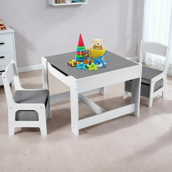 LAZY BUDDY Kids Table and 2 Chairs Set, Wooden Activity Desk Toddler Play Table Set with Storage for Home Playroom Nursery