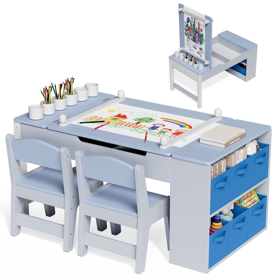 LAZY BUDDY Kids Art Table and 2 Chairs Set, 2 in 1 Easel & Toddler Craft Table and Chairs Set with Storage Bins, Paint Cups and Paper Roll, Activity Table Set for Children 3