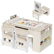 LAZY BUDDY Kids Art Table and 2 Chairs Set, Wooden Toddler Activity Table with Storage Bins, Paint Cups & Paper Roll, Children Craft Play Desk
