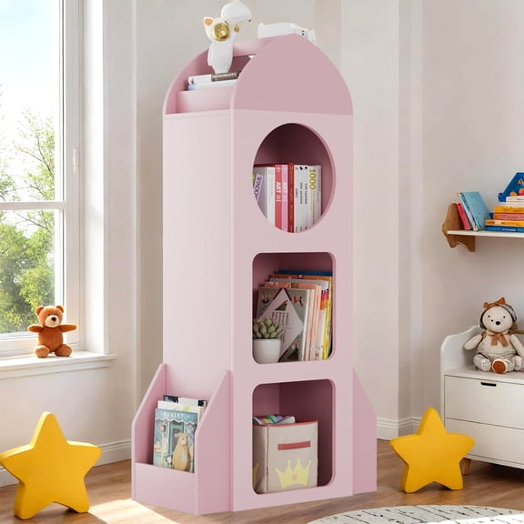LAZY BUDDY Kids Bookshelf and Toy Storage, Rocket-Shaped Toddler Bookcase with 3 Storage Cubbies, 2 Side Shelves, Open Toy Display Organizer for Bedroom, Playroom