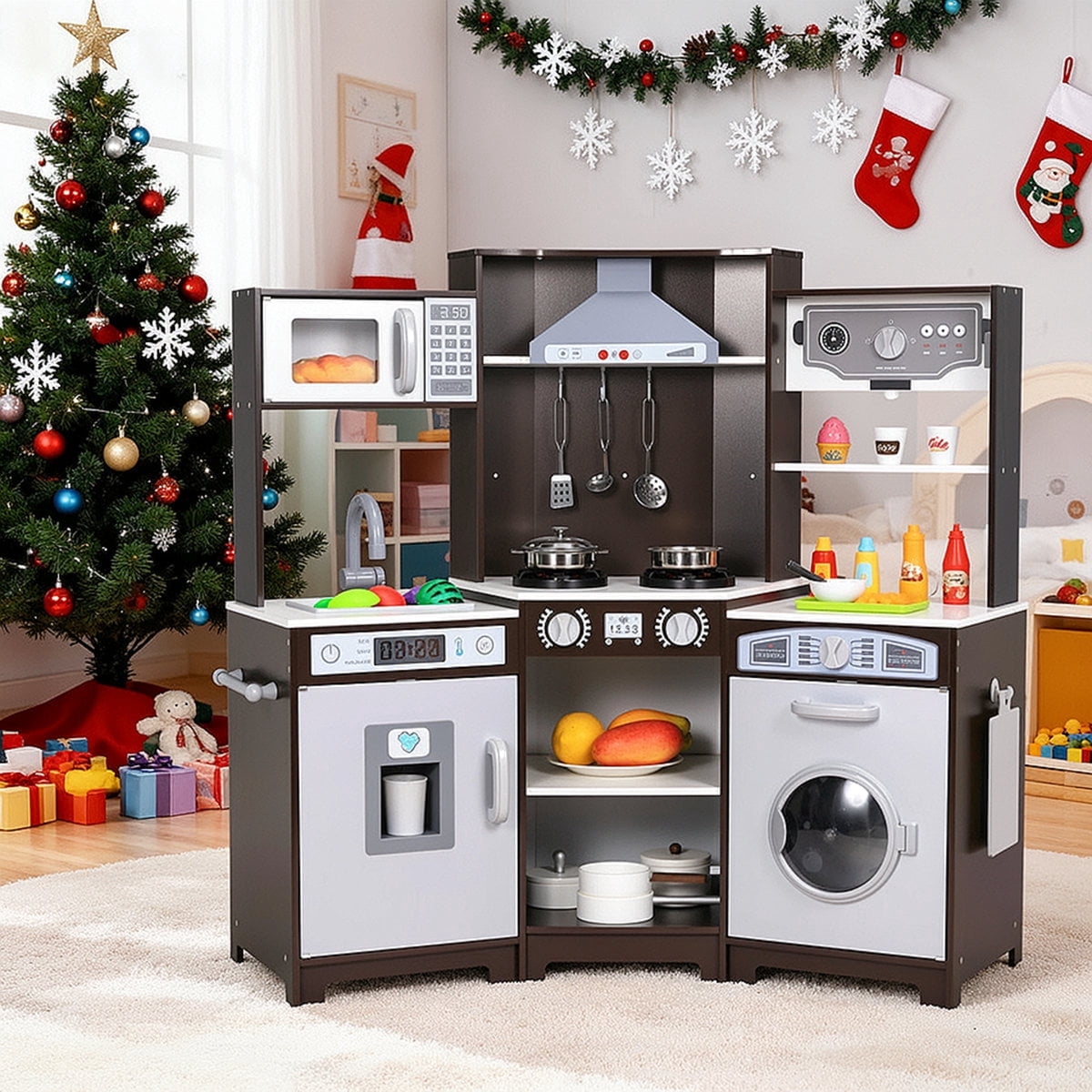 LAZY BUDDY Wooden Kids Corner Play Kitchen, Toodler Kitchen Playset Pretend Cooking Toy with 9 Accessories