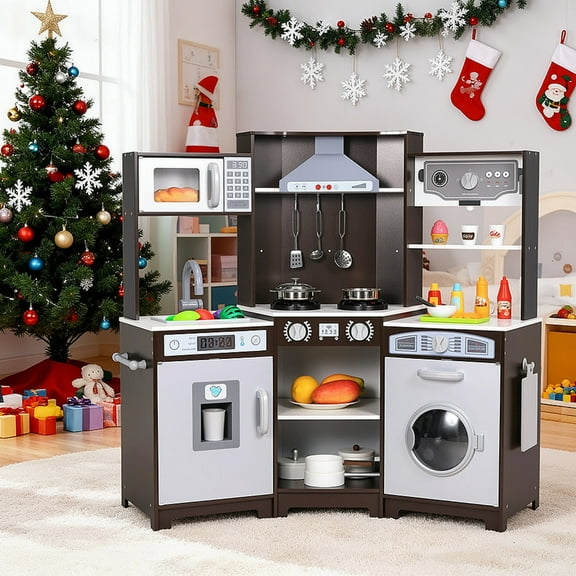 LAZY BUDDY Wooden Kids Corner Play Kitchen, Toodler Kitchen Playset Pretend Cooking Toy with 9 Accessories