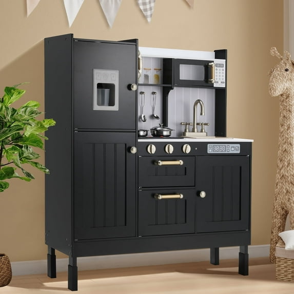 LAZY BUDDY Wooden Kids Play Kitchen, Toddler Pretend Toy Kitchen Playset with Microwave Oven, Sink, Ice Maker, Gift for Ages 3+