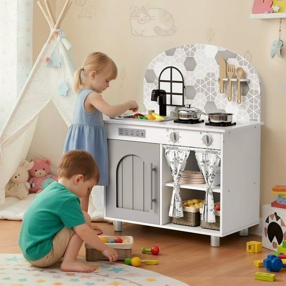 LAZY BUDDY Kids Kitchen Playset, Wooden Pretend Play Kitchen Toddler Interactive Toy with 5 Accessories