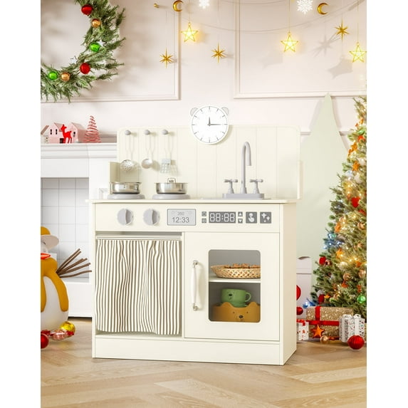 LAZY BUDDY Kids Play Kitchen Set, Wooden Toddler Toy Kitchen Pretend Play with 5pcs Cookware Accessories, 3 Hooks