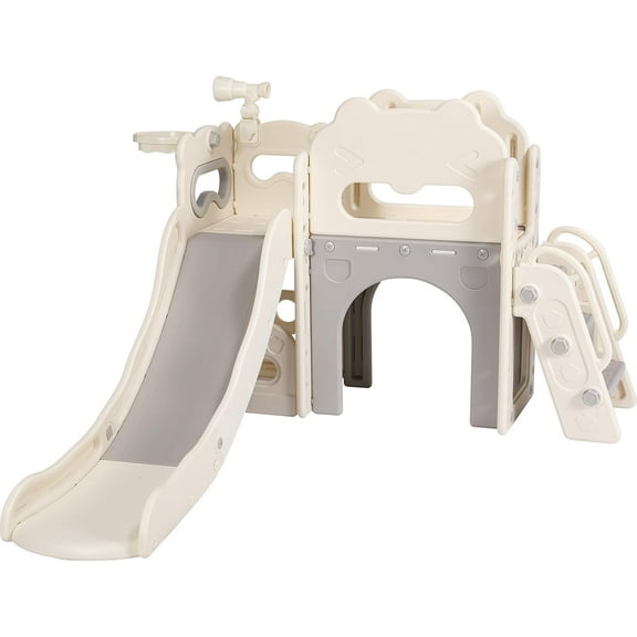 LAZY BUDDY Slide for Kids, 8-in-1 Toddler Slide with Climber, Indoor/Outdoor Playground with Basketball Hoop, Telescope & Tunnel, Enclosed Steps