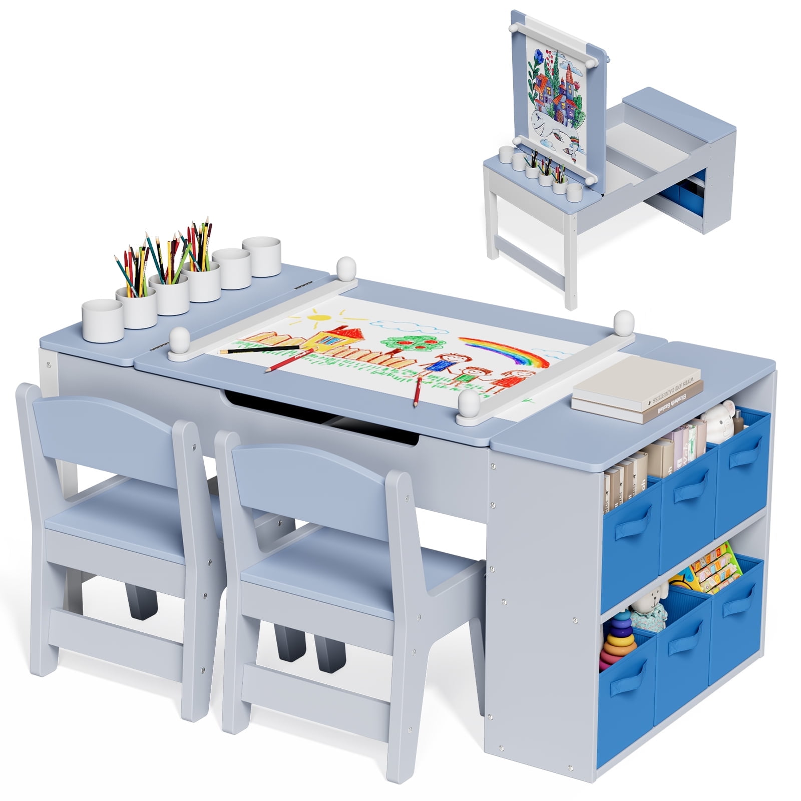 LAZY BUDDY Kids Art Table and 2 Chairs Set, 2 in 1 Easel & Toddler Craft Table and Chairs Set with Storage Bins, Paint Cups and Paper Roll, Activity Table Set for Children 3+