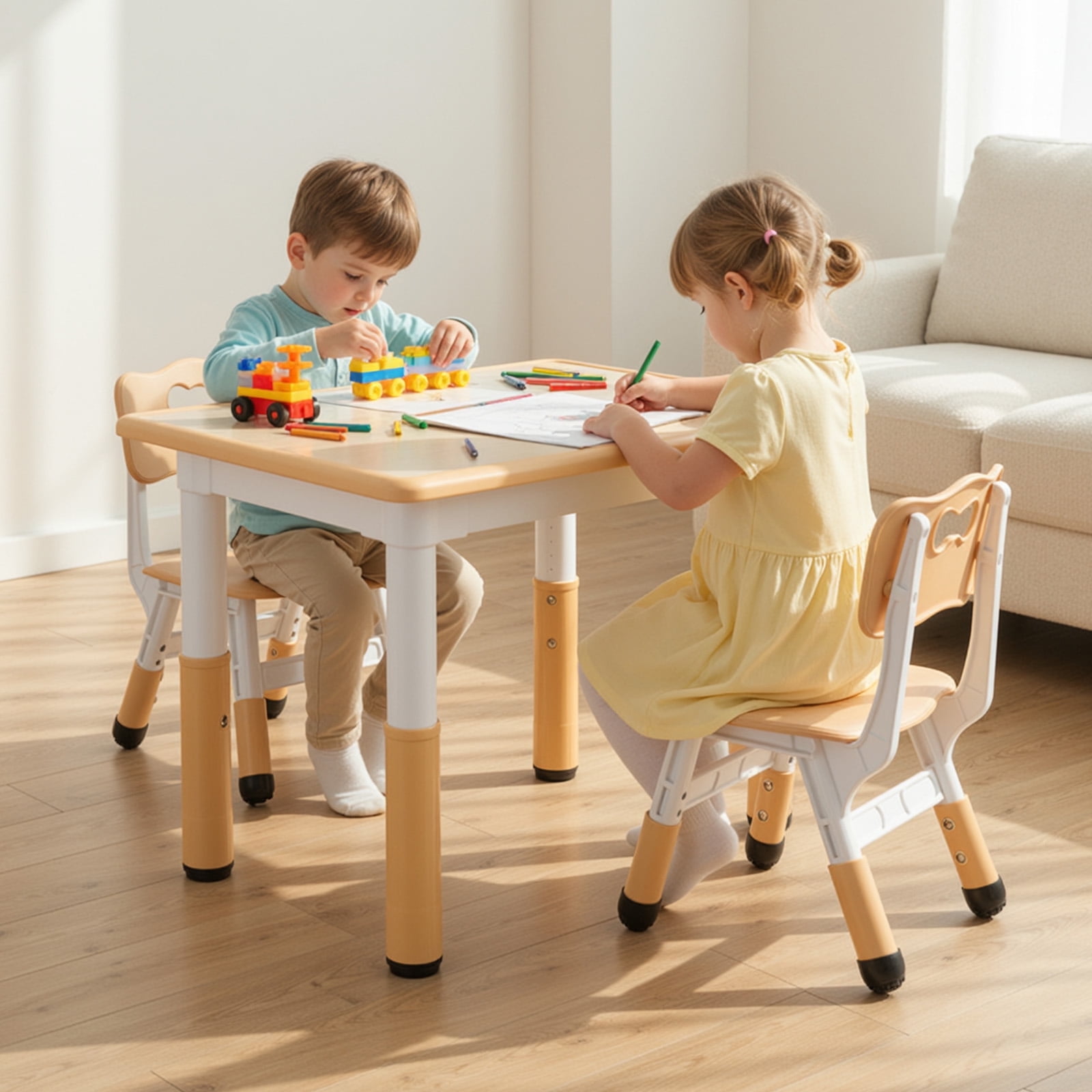 LAZY BUDDY Kids Table and 2 Chairs Set, Height Adjustable Toddler Table and Chairs Set with Graffiti Desktop, Children Activity Table for Daycare/Classroom/Home