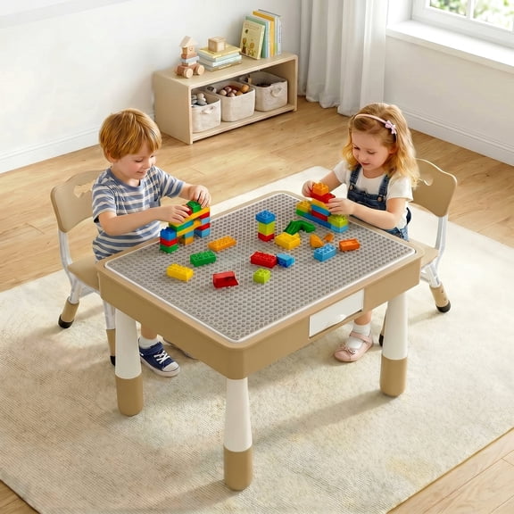 LAZY BUDDY Kids Table and 2 Chairs Set with Storage, 3-Piece Adjustable Height Toddler Activity Table Set for Children Ages 2-10, Graffiti & Building Block Double-Sided Desktop