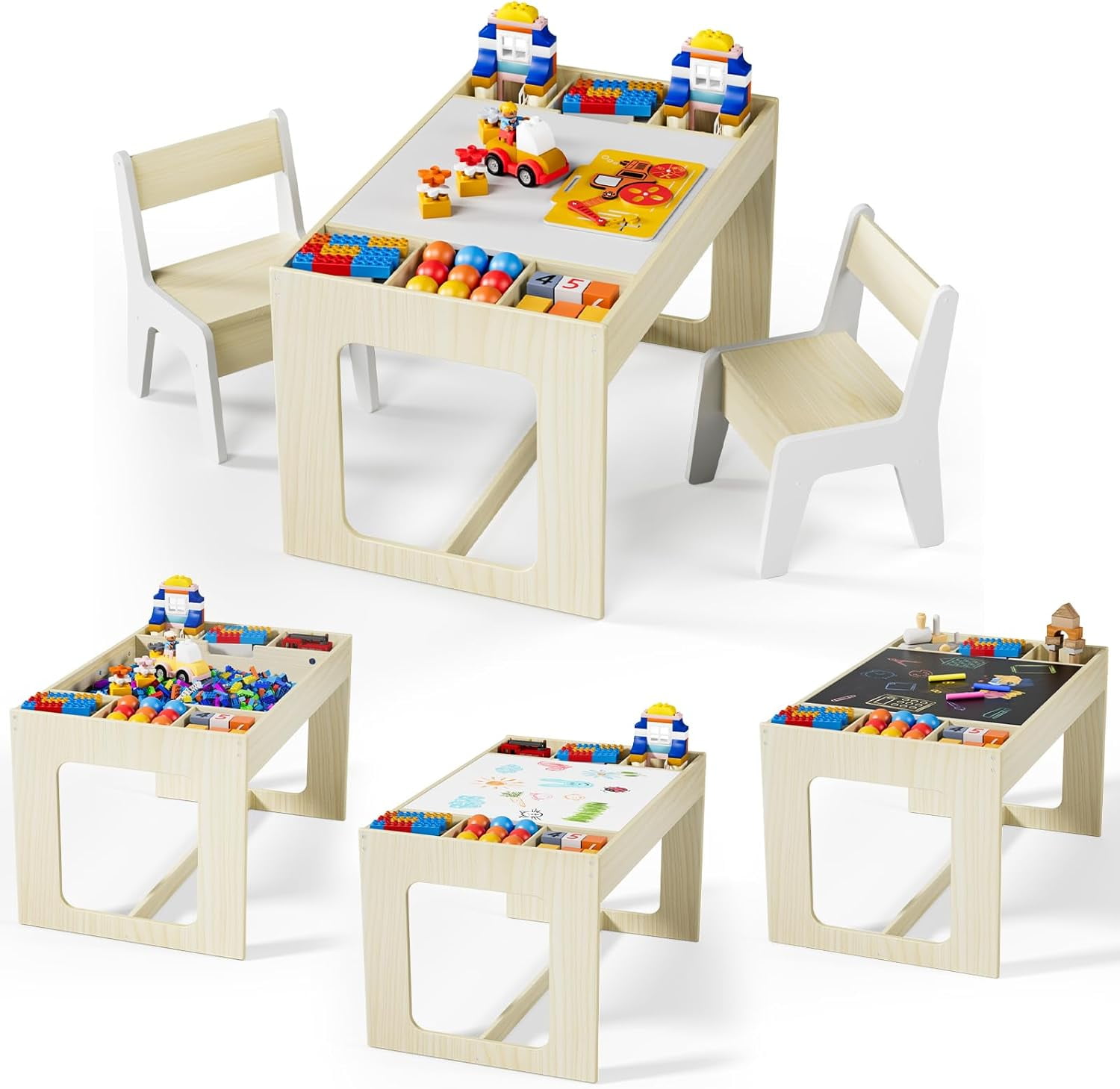 LAZY BUDDY Toddler Table and Chairs Set, Wooden Kids Activity Desk Set with Storage, 2 in 1 Whiteboard & Blackboard for Children's Drawing, Playing, Arts & Crafts