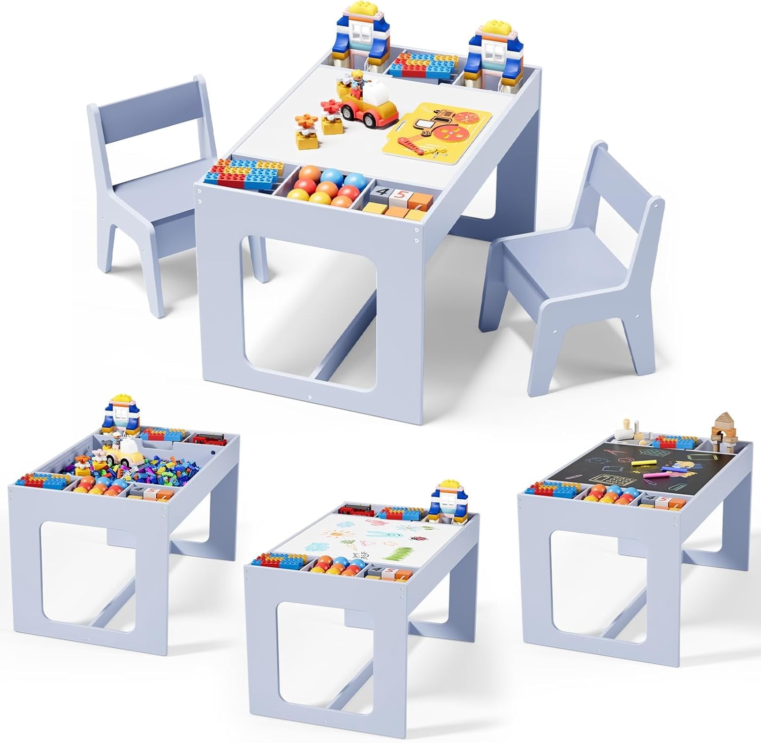 LAZY BUDDY Wooden Kids Table and 2 Chairs Set, 3 in 1 Children Activity ...