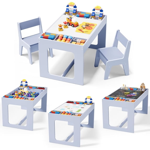 LAZY BUDDY Wooden Kids Table and 2 Chairs Set, 3 in 1 Children Activity Table with Storage, Detachable Double-Sided Tabletop