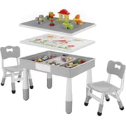 LAZY BUDDY Kids Table and Chairs Set with Storage, Height Adjustable Toddler Activity Table and 2 Chairs Set with 2 in 1 Graffiti/Block Building Desktop, for Playroom, Preschool, Classroom