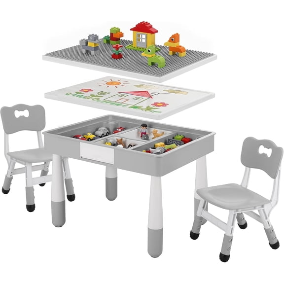 LAZY BUDDY Kids Table and Chairs Set with Storage, Height Adjustable Toddler Activity Table and 2 Chairs Set with 2 in 1 Graffiti/Block Building Desktop, for Playroom, Preschool, Classroom