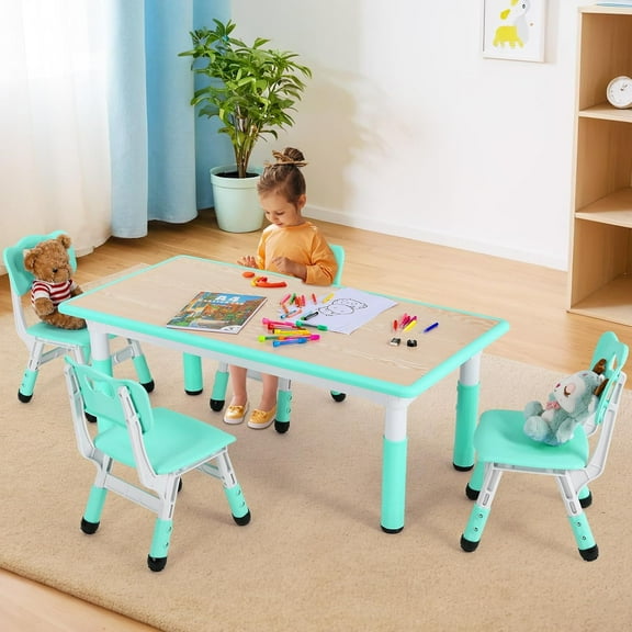 LAZY BUDDY Adjustable Toddler Table and 4 Chairs Set, Children Activity Table and Chairs Set with Graffiti Desktop,Kids Furniture for Daycare, Classroom, Home