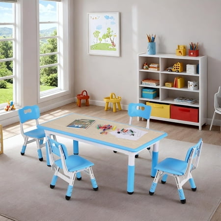 LAZY BUDDY Kids Table and 4 Chairs Set, Height Adjustable Toddler Multi-Activity Table and Chairs Set with Graffiti Desktop for Classroom, Daycare, Home