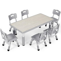 LAZY BUDDY Kids Table and 6 Chairs Set, Toddler Activity Table (6 chairs), Preschool Art Graffiti Desk 47.20"L x 23.60"W (Gray)